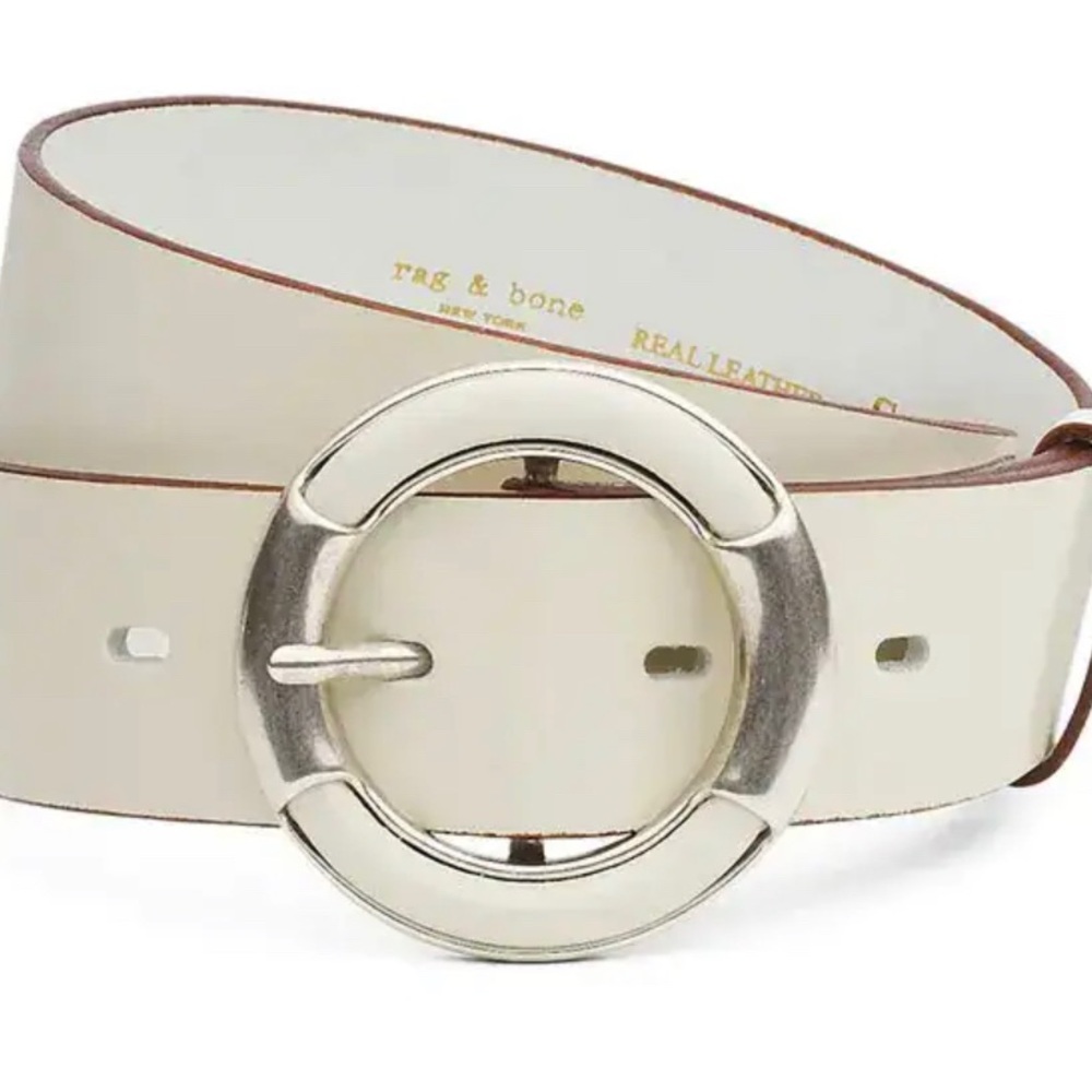 rag & bone White Leather Belt with Silver Circular Buckle